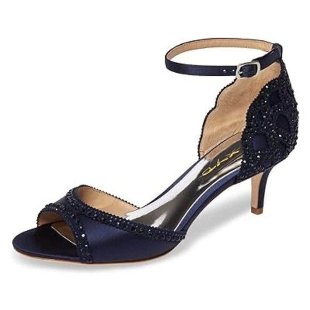 XYD Navy Beaded Ankle-Strap Kitten Heel Sandals
